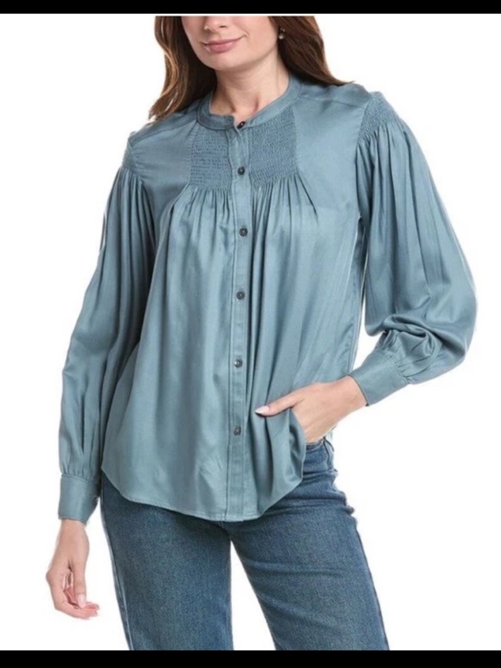 NWT Rebecca Taylor Smocked Twill Blouse Blue Gray 100% Viscose Sz S $185